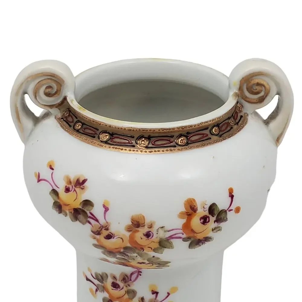 Nippon Noritake Double Handled Hand Painted Floral Gold Encrusted Vase Antique